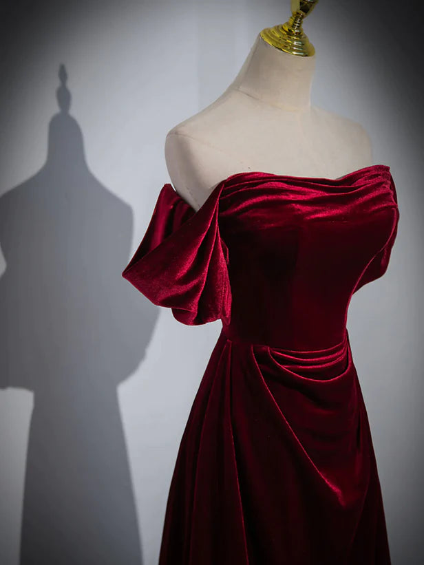 A-line Wine Red Velvet Sweetheart Wedding Party Dress